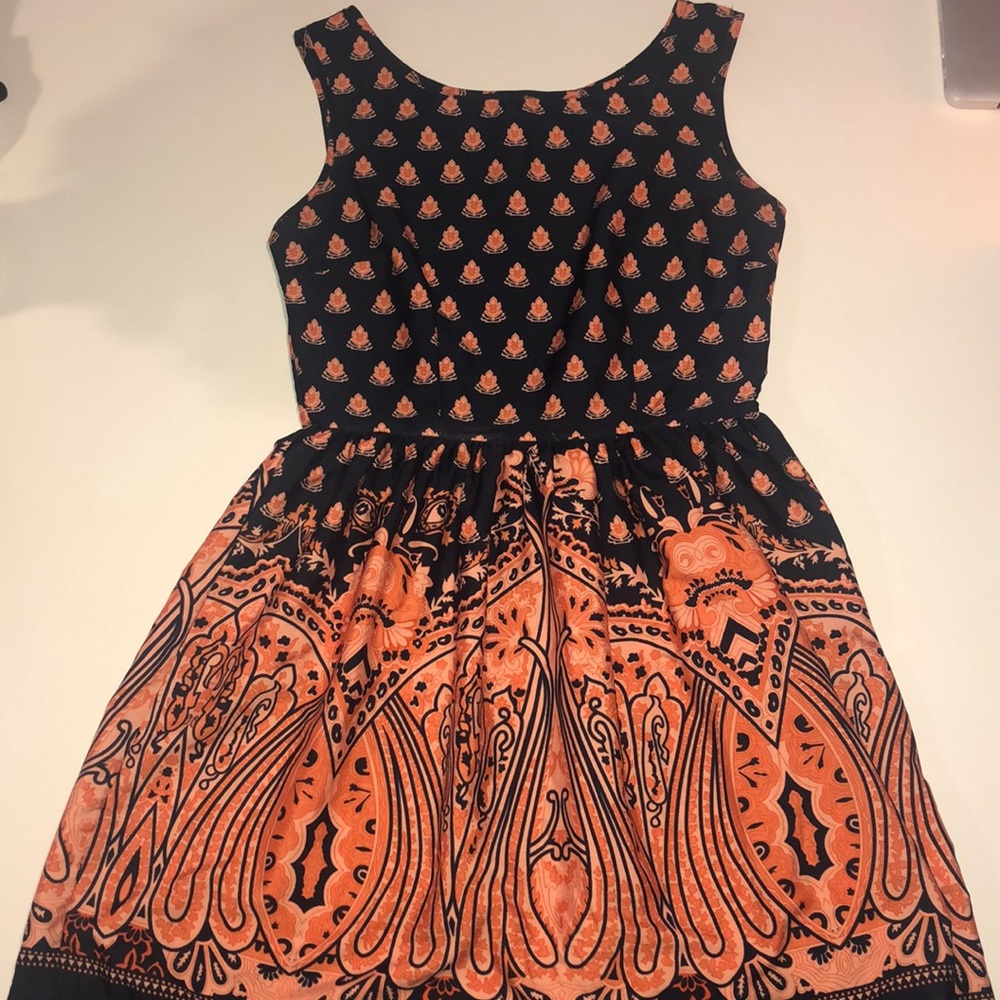 Blue and orange patterned dress